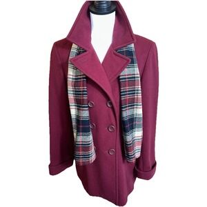 Liz Claiborne Coat‎ Wn's Small Wool Maroon Jacket/Scarf Peacoat Double Breasted